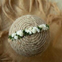 Diadema de flores preservadas verde y blanca